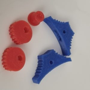 A group of blue and red gears